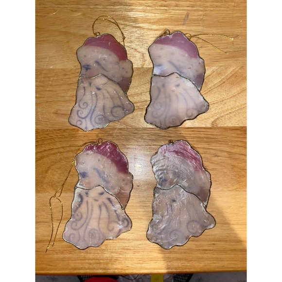 Set of 4 Vintage Capiz Shell Santa Claus Head Christmas Tree Ornaments Gold Wire - Picture 2 of 2